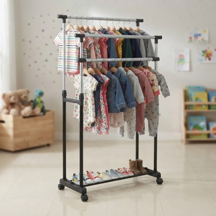 Double Pole Adjustable Cloth Rack with Wheels